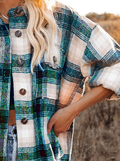 Pocketed Plaid Button Down Long Sleeve Shacket-Angel Casuals