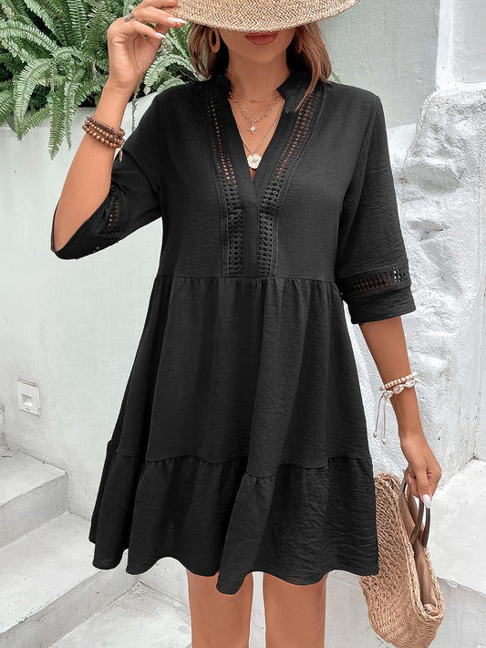 Notched Neck Half Sleeve Dress-Angel Casuals