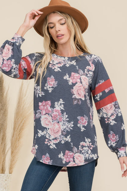 Celeste Full Size Floral Curved Hem T-Shirt with Stripe Detail-Angel Casuals