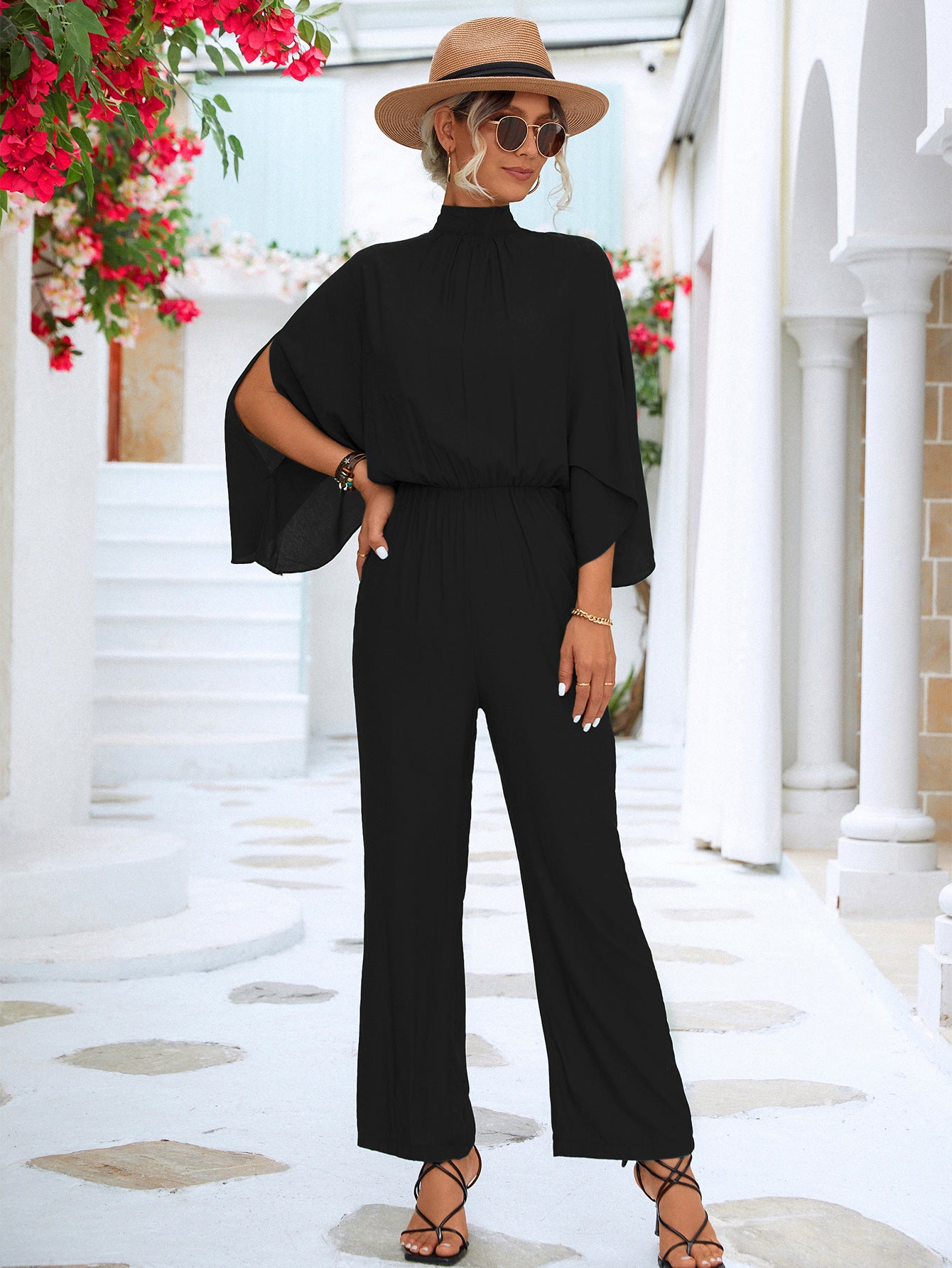 Tie Back Mock Neck Split Sleeve Jumpsuit-Angel Casuals