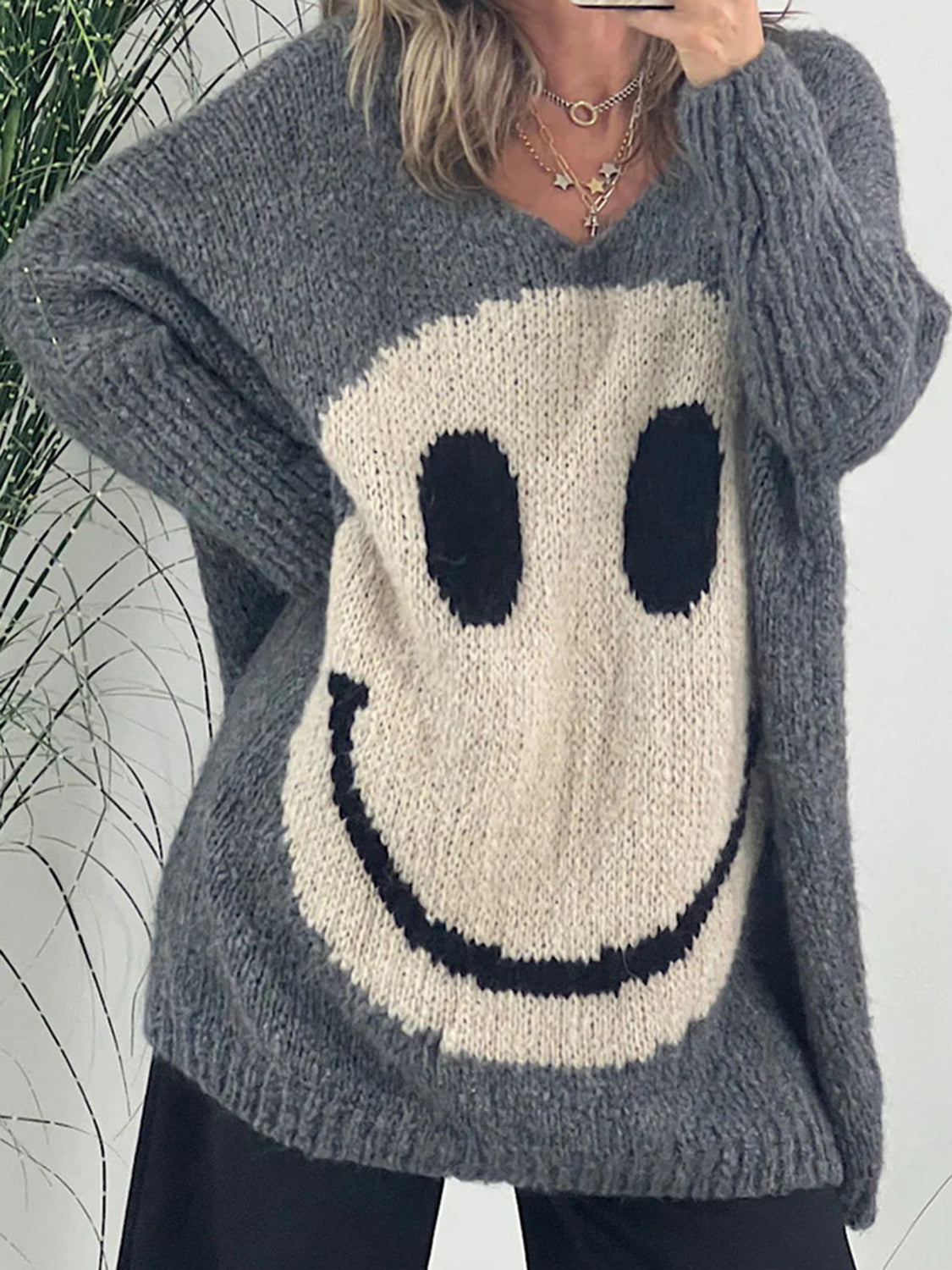 Smiling Face V-Neck Long Sleeve Sweater-Angel Casuals