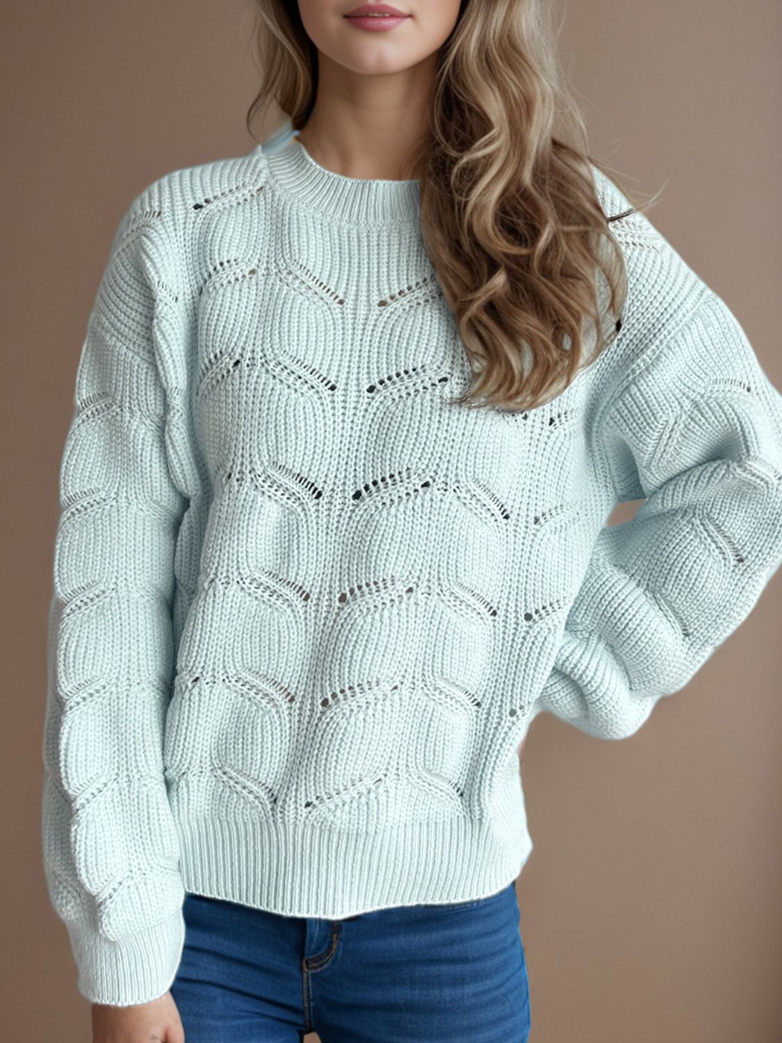 Openwork Round Neck Dropped Shoulder Sweater-Angel Casuals