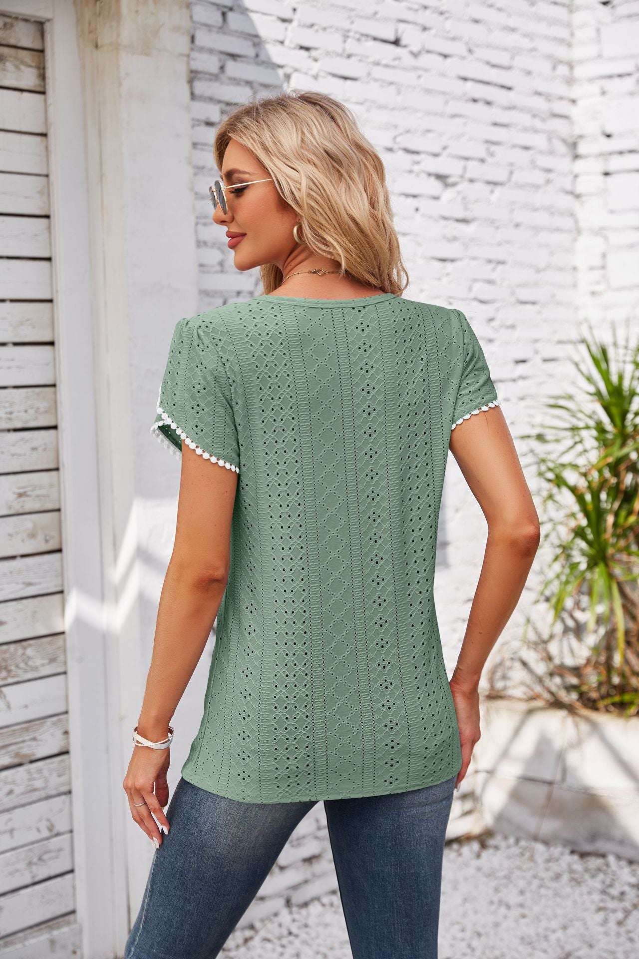 Eyelet Round Neck Petal Sleeve T-Shirt-Angel Casuals