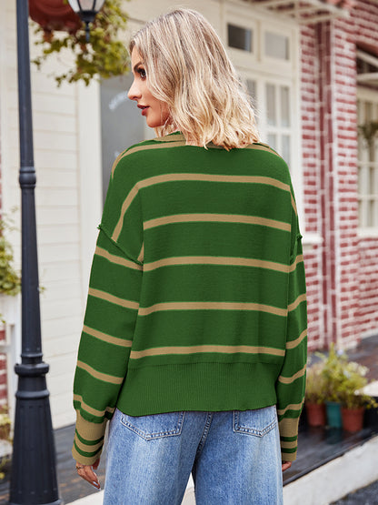 Striped Dropped Shoulder Notched Neck Knit Top-Angel Casuals