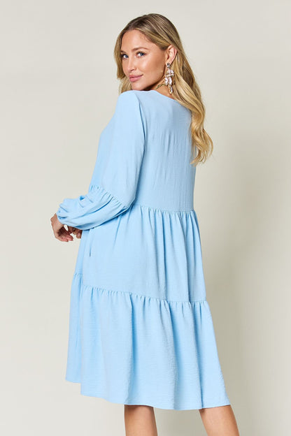 Double Take Full Size V-Neck Balloon Sleeve Tiered Dress-Angel Casuals