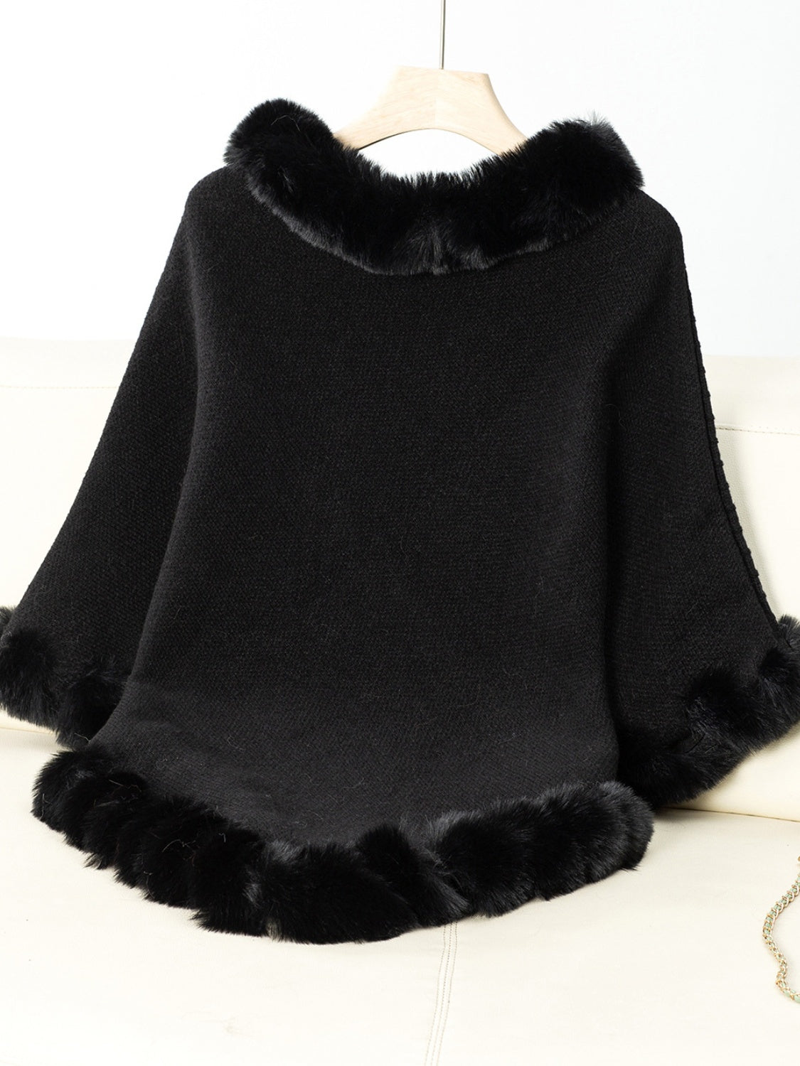 Fuzzy Trim Texture Three-Quarter Sleeve Poncho-Angel Casuals