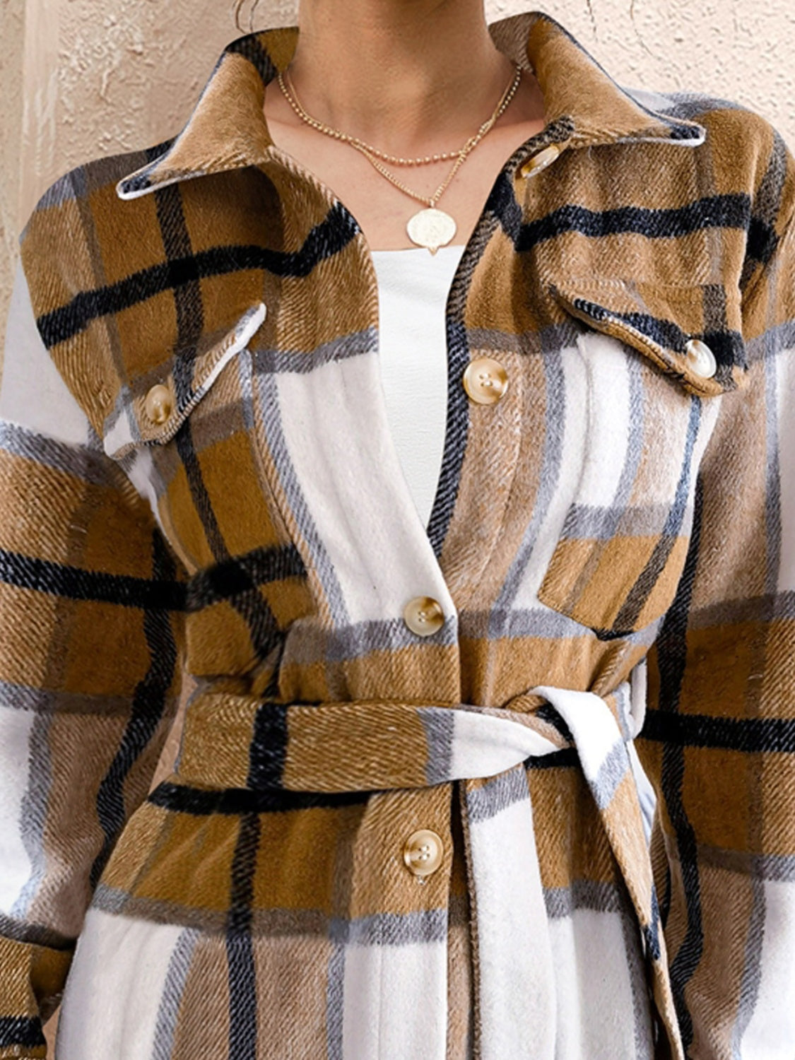 FAM-FAM Tied Plaid Button Up Shacket-Angel Casuals