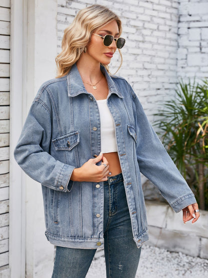 Button Up Long Sleeve Denim Jacket-Angel Casuals