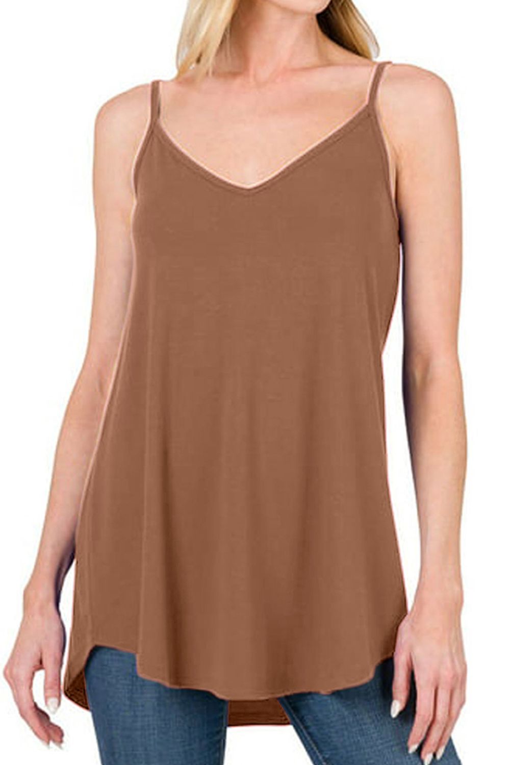 Full Size Spaghetti Strap V-Neck Flowy Tunic Cami-Angel Casuals