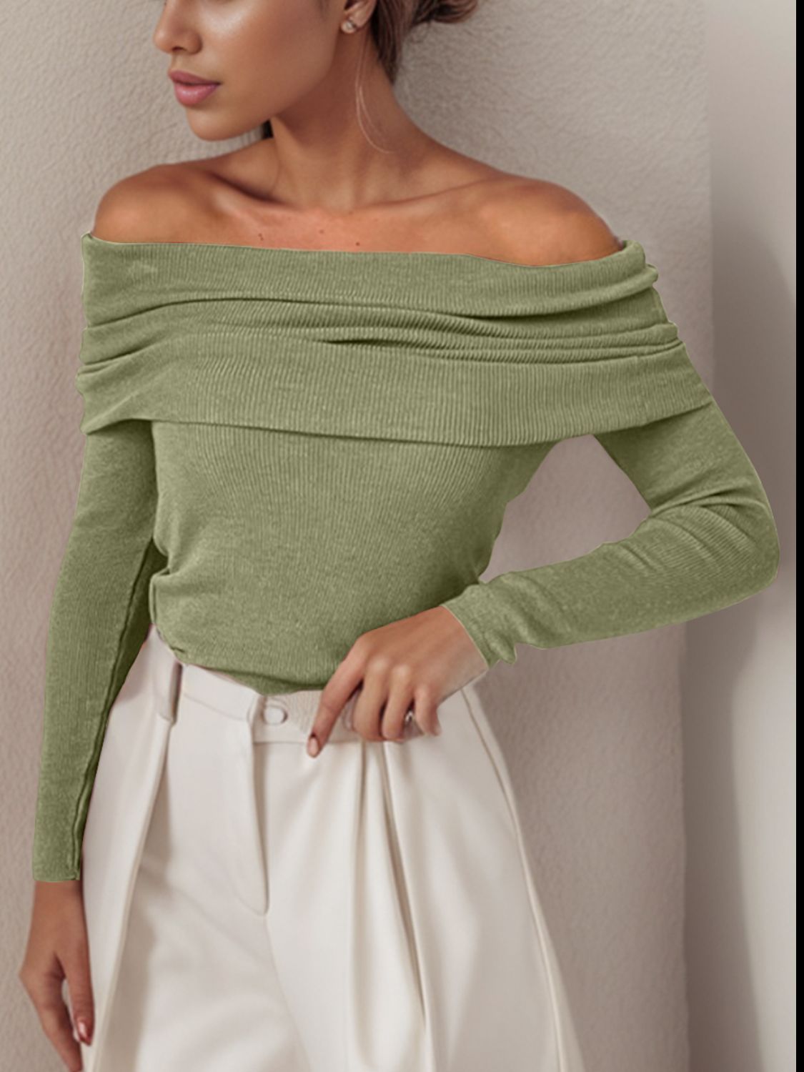 Off-Shoulder Long Sleeve Sweater-Angel Casuals