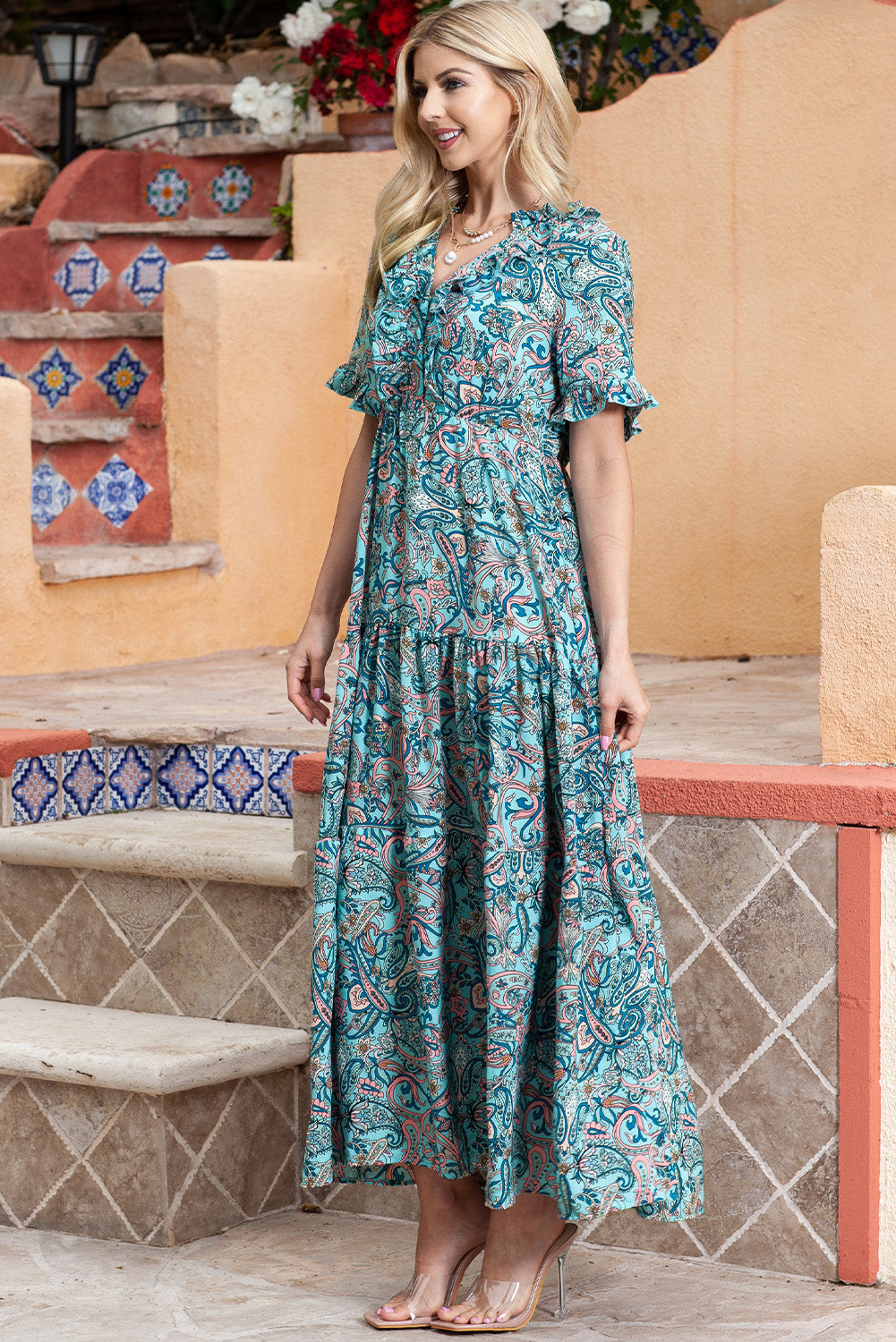 Paisley Print Flounce Sleeve Maxi Dress-Angel Casuals