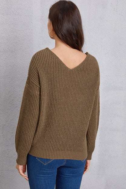 V-Neck Pocketed Dropped Shoulder Knit Top-Angel Casuals