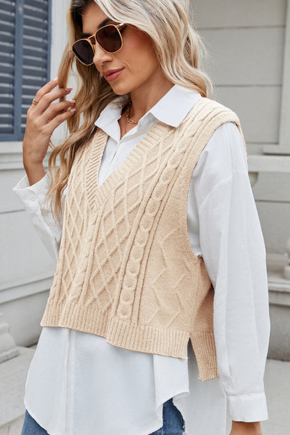 Cable-Knit V-Neck Sweater Vest-Angel Casuals