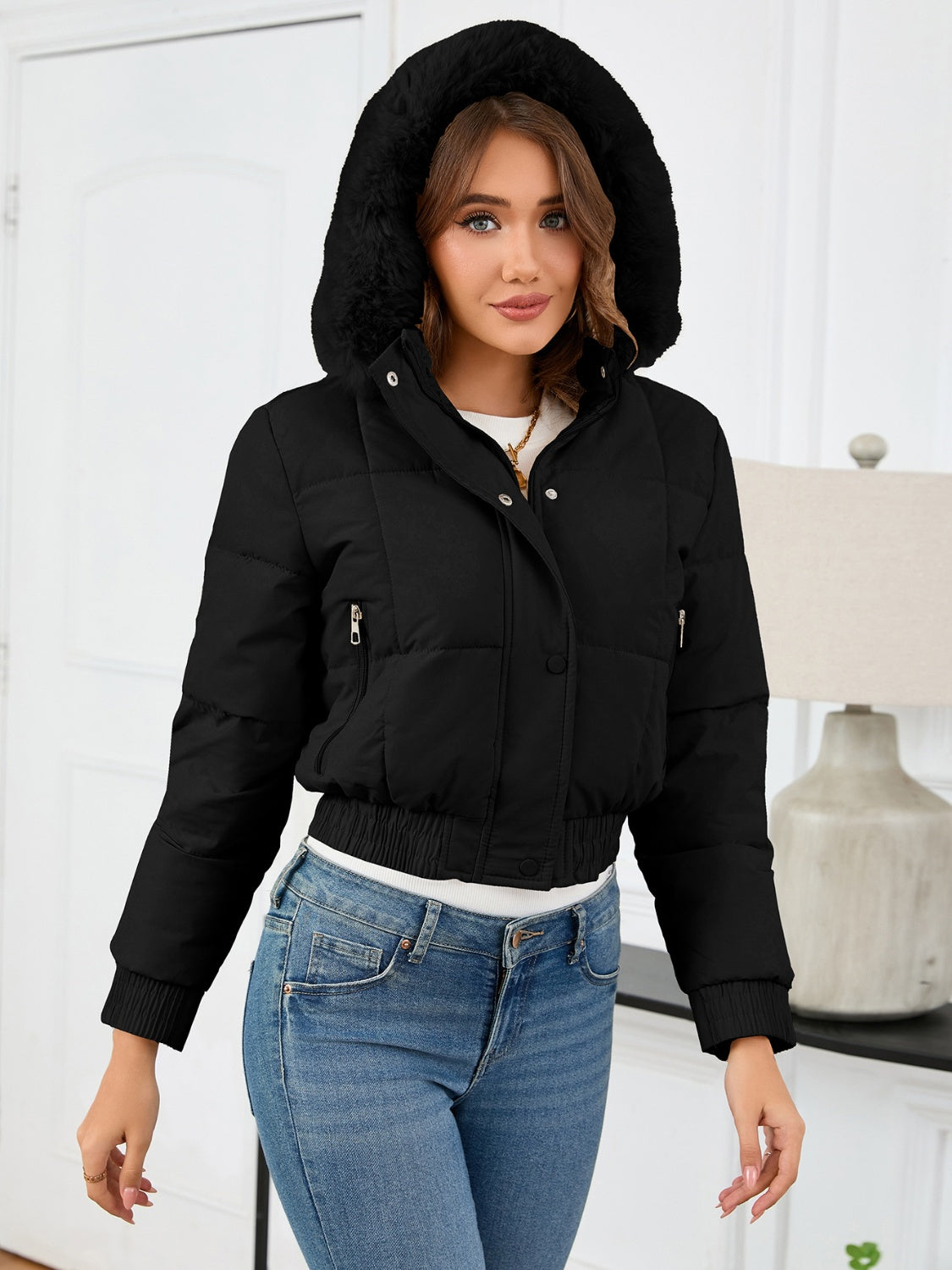 Pocketed Long Sleeve Cropped Hooded Winter Coat-Angel Casuals