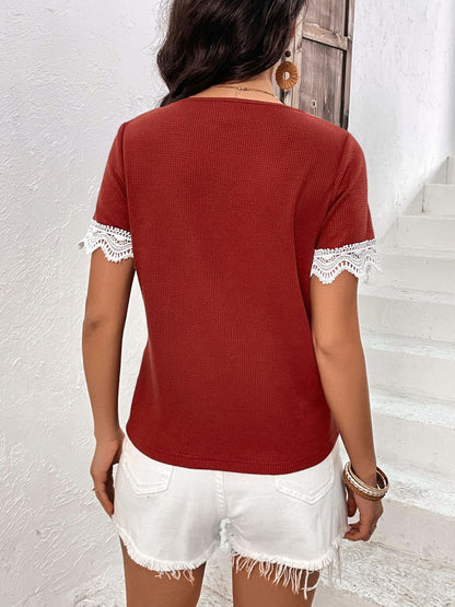 Lace Detail V-Neck Short Sleeve T-Shirt-Angel Casuals