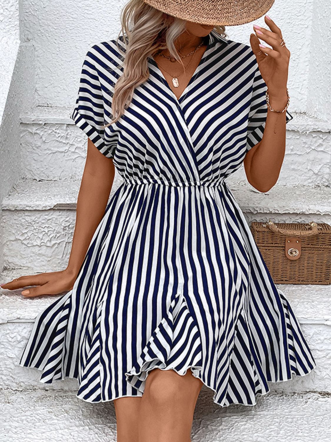 Striped Johnny Collar Mini Dress-Angel Casuals