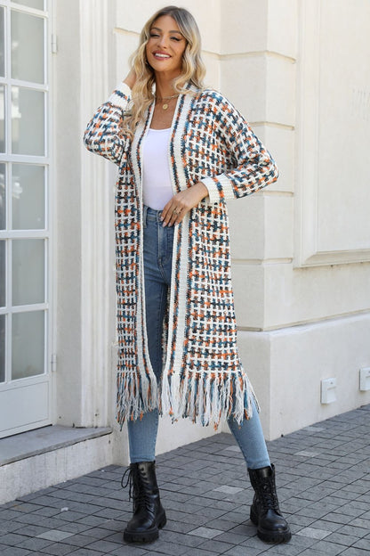 Multicolored Open Front Fringe Hem Cardigan-Angel Casuals