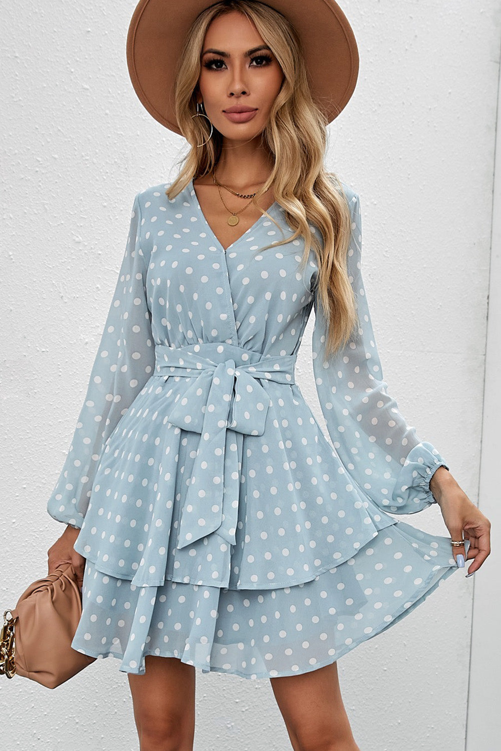 Tied Layered Polka Dot Balloon Sleeve Dress-Angel Casuals