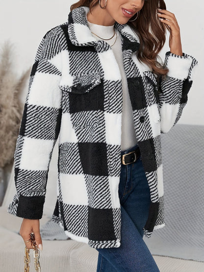 Plaid Button Up Long Sleeve Fuzzy Outerwear-Angel Casuals