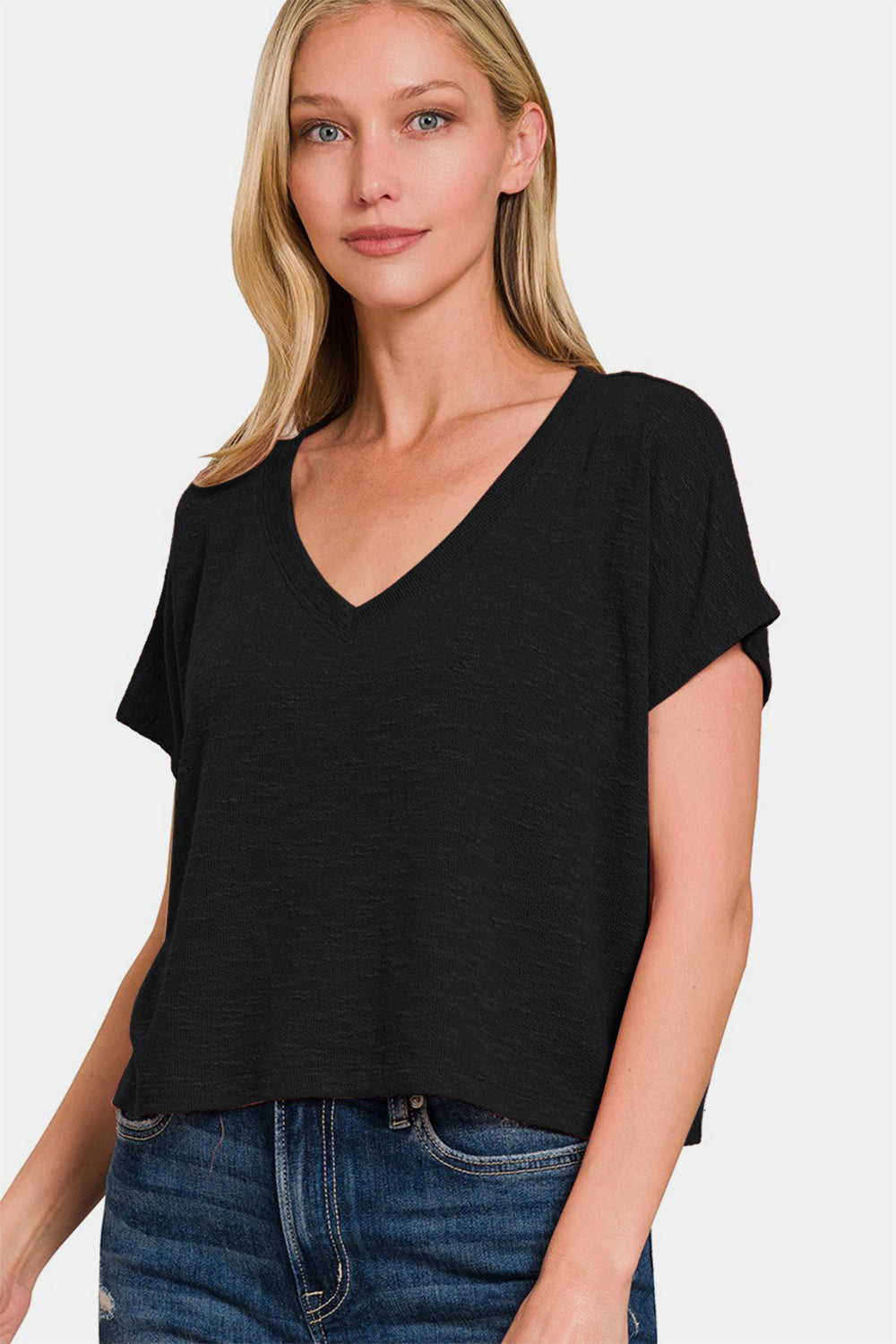 Zenana V-Neck Short Sleeve Crop T-Shirt-Angel Casuals