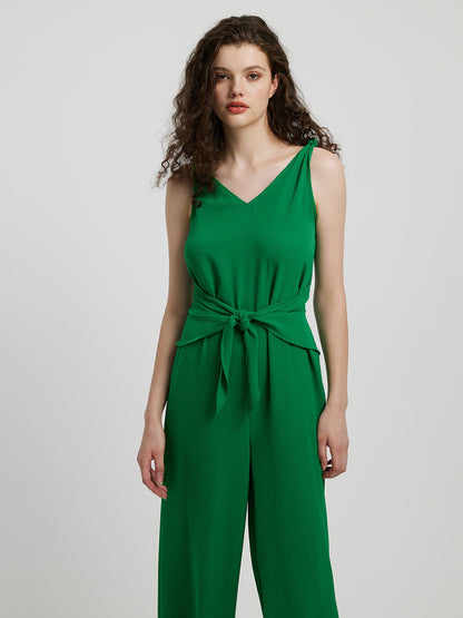 Knot Detail Tie Front Sleeveless Jumpsuit-Angel Casuals