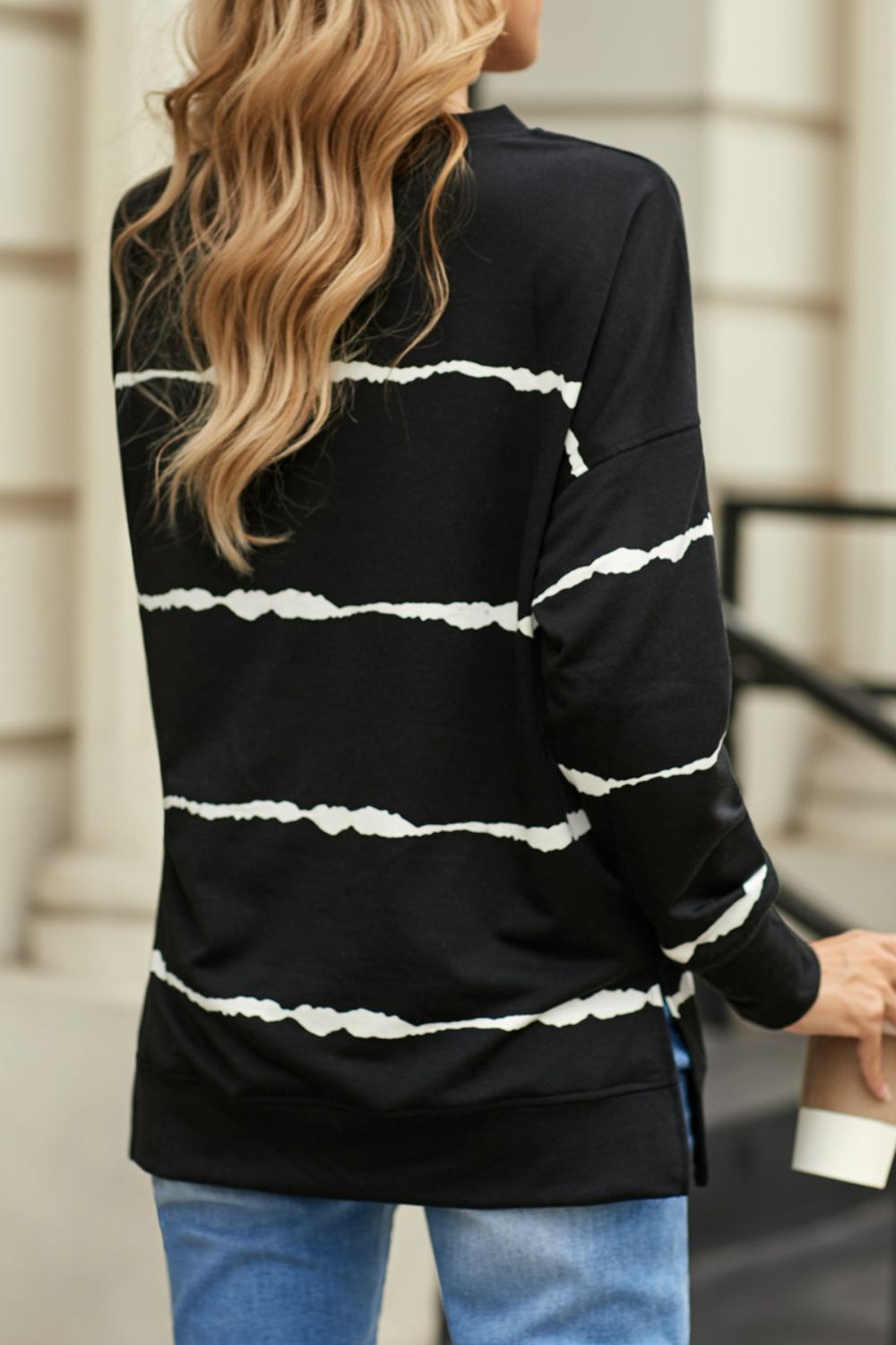 Slit Contrast Striped Round Neck Long Sleeve T-Shirt-Angel Casuals