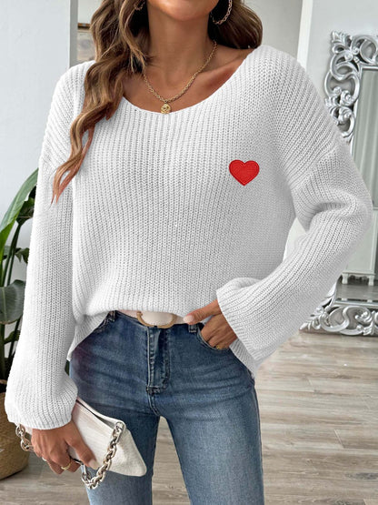 Heart Boat Neck Dropped Shoulder Sweater-Angel Casuals