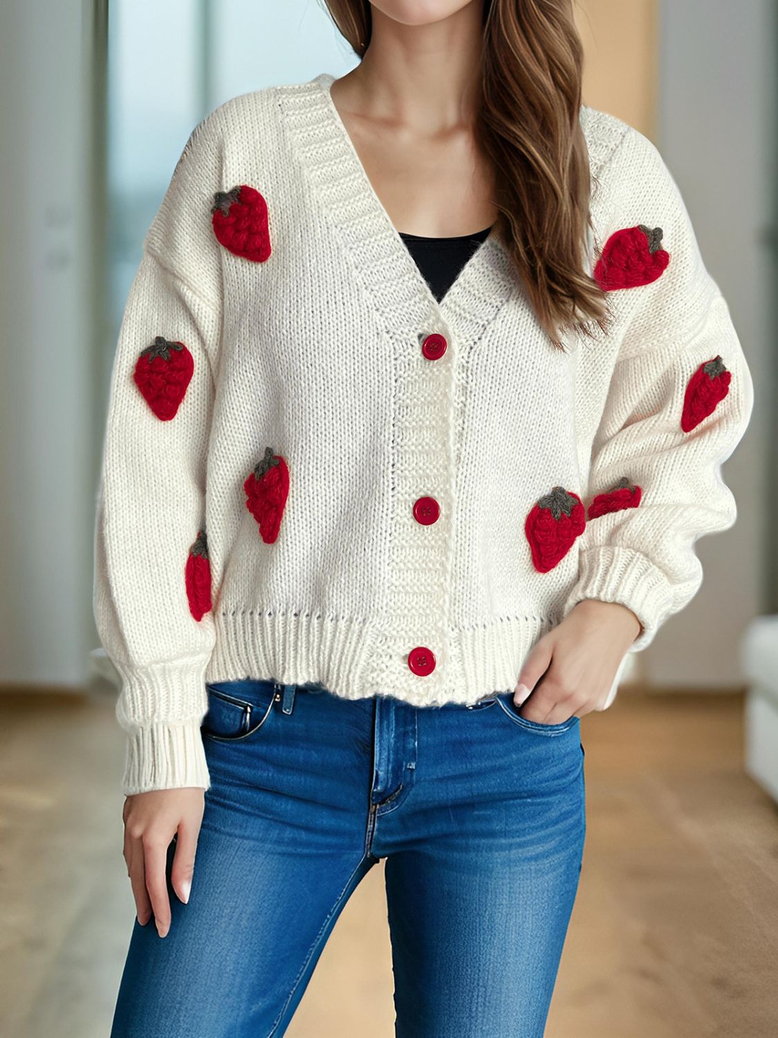Crochet Strawberry V-Neck Long Sleeve Cardigan-Angel Casuals