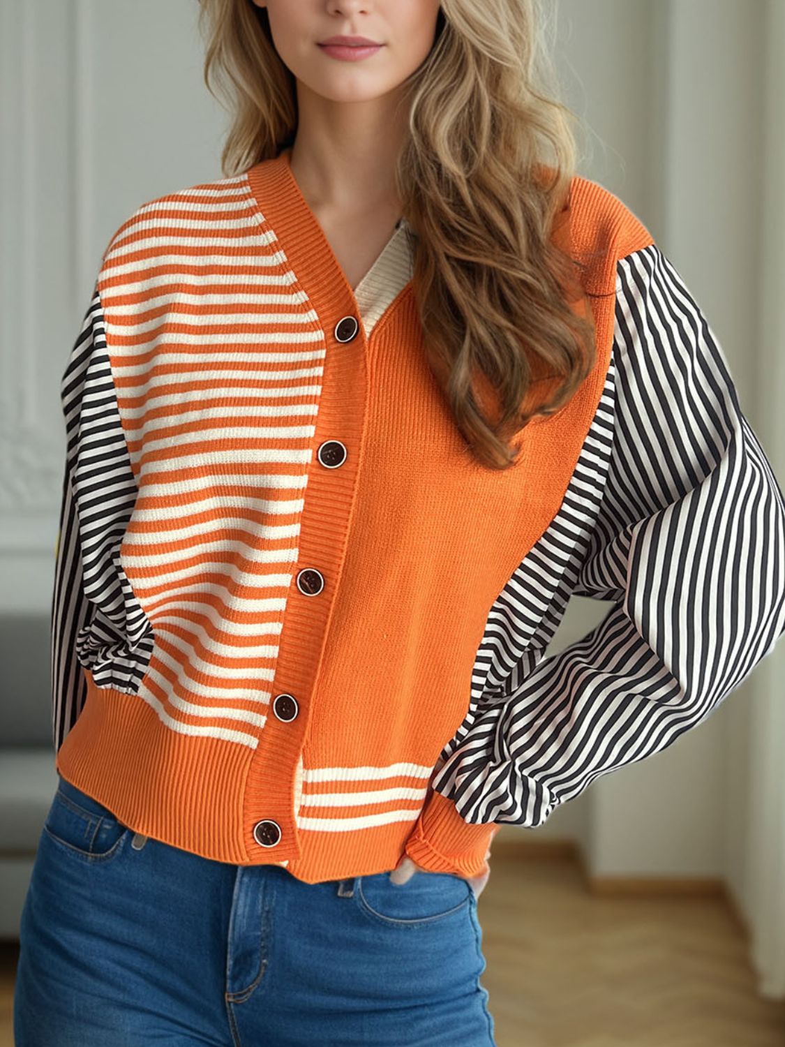 Striped Button Down Long Sleeve Cardigan-Angel Casuals