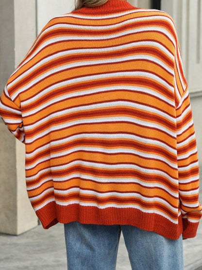 Striped Mock Neck Long Sleeve Sweater-Angel Casuals