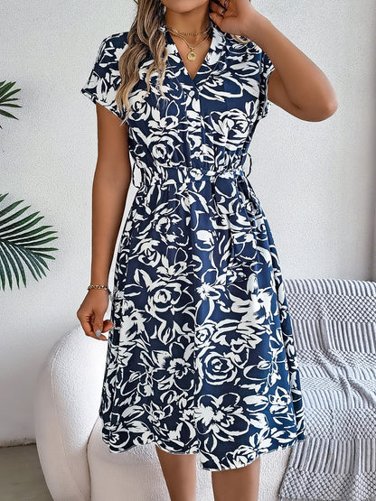 Printed V-Neck Short Sleeve Dress-Angel Casuals