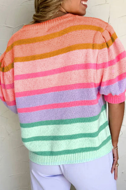 Striped Round Neck Half Sleeve Sweater-Angel Casuals