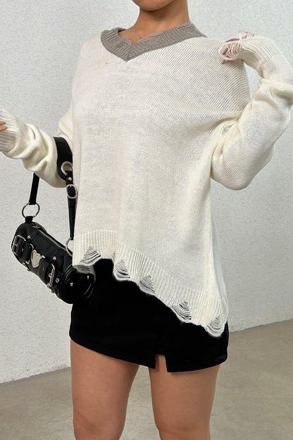 Distressed V-Neck Dropped Shoulder Sweater-Angel Casuals