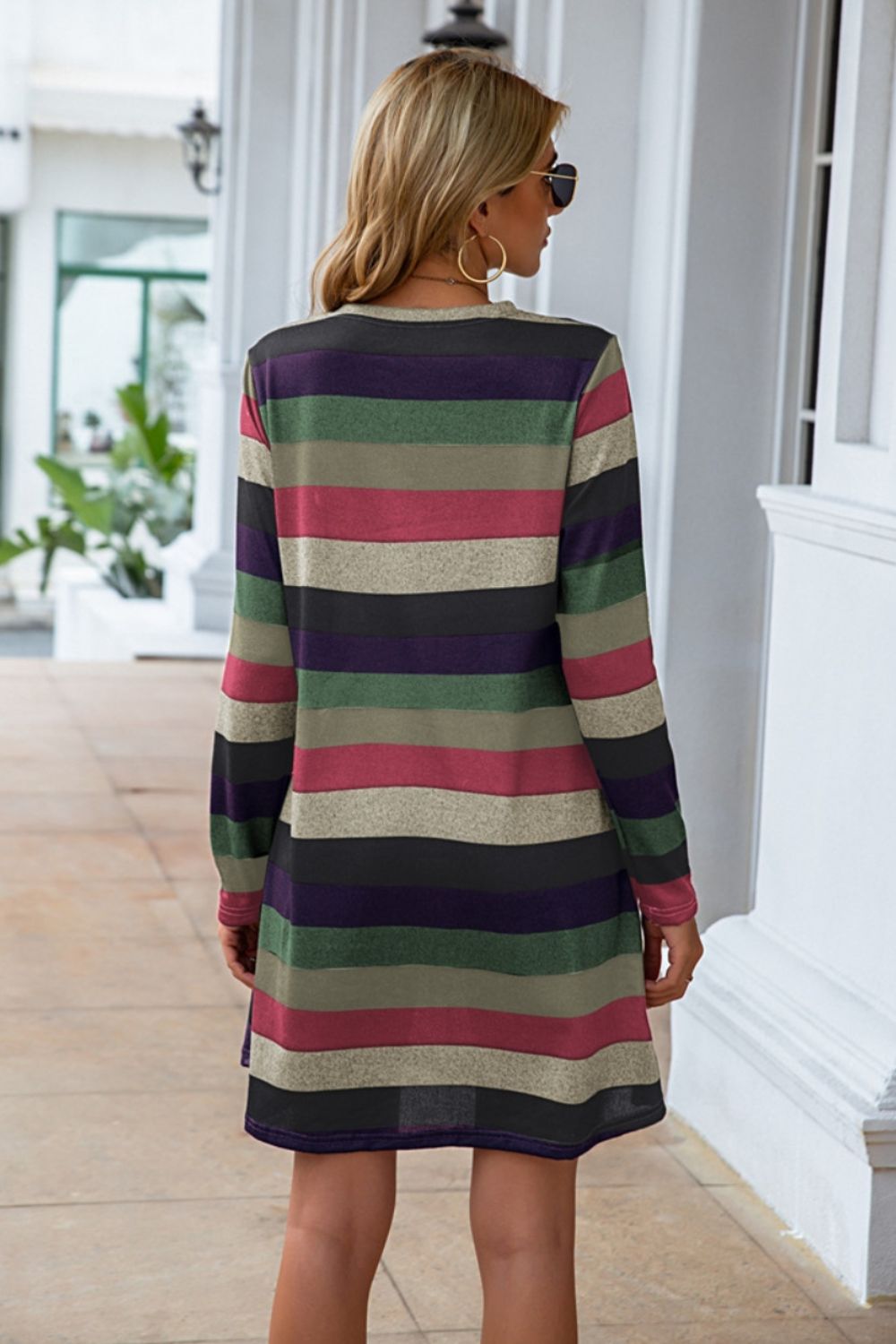 Striped Round Neck Long Sleeve Dress-Angel Casuals