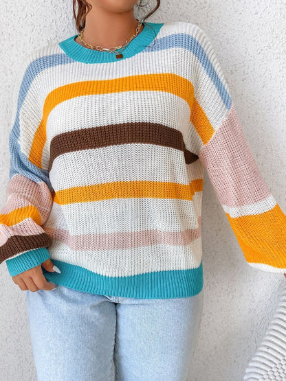 Striped Round Neck Long Sleeve Sweater-Angel Casuals