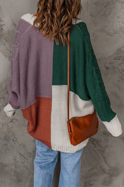 Woven Right Color Block Cable-Knit Batwing Sleeve Cardigan-Angel Casuals