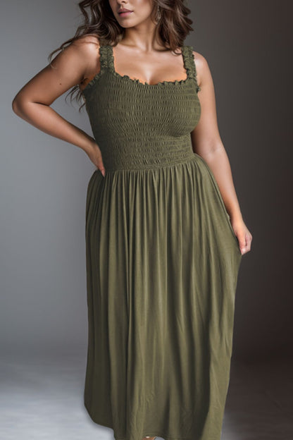 Plus Size Smocked Square Neck Maxi Dress-Angel Casuals