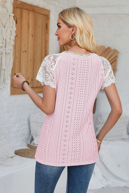 Eyelet V-Neck Lace Short Sleeve T-Shirt-Angel Casuals