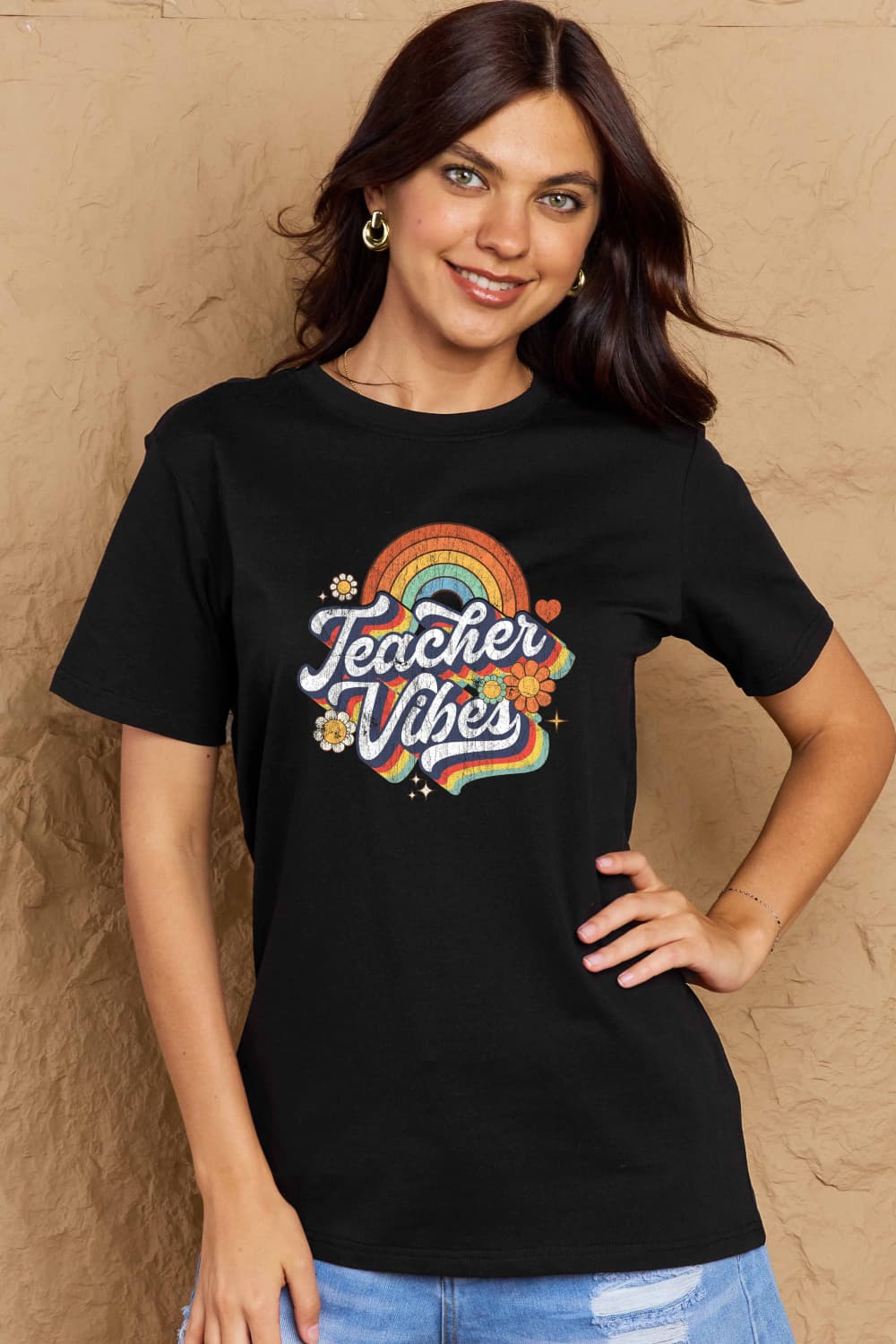 Simply Love Full Size TEACHER VIBES Graphic Cotton T-Shirt-Angel Casuals