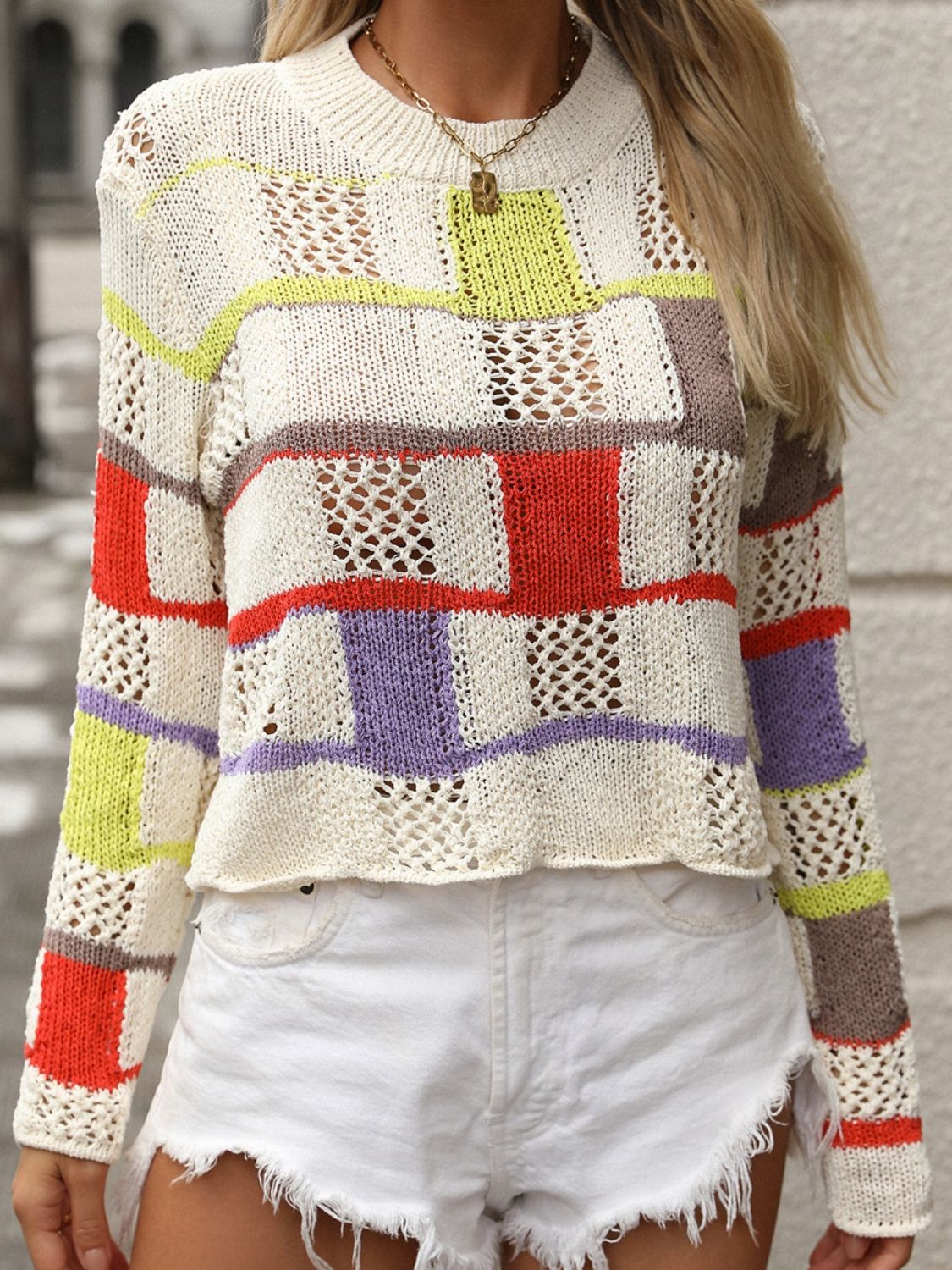 Openwork Color Block Round Neck Sweater-Angel Casuals