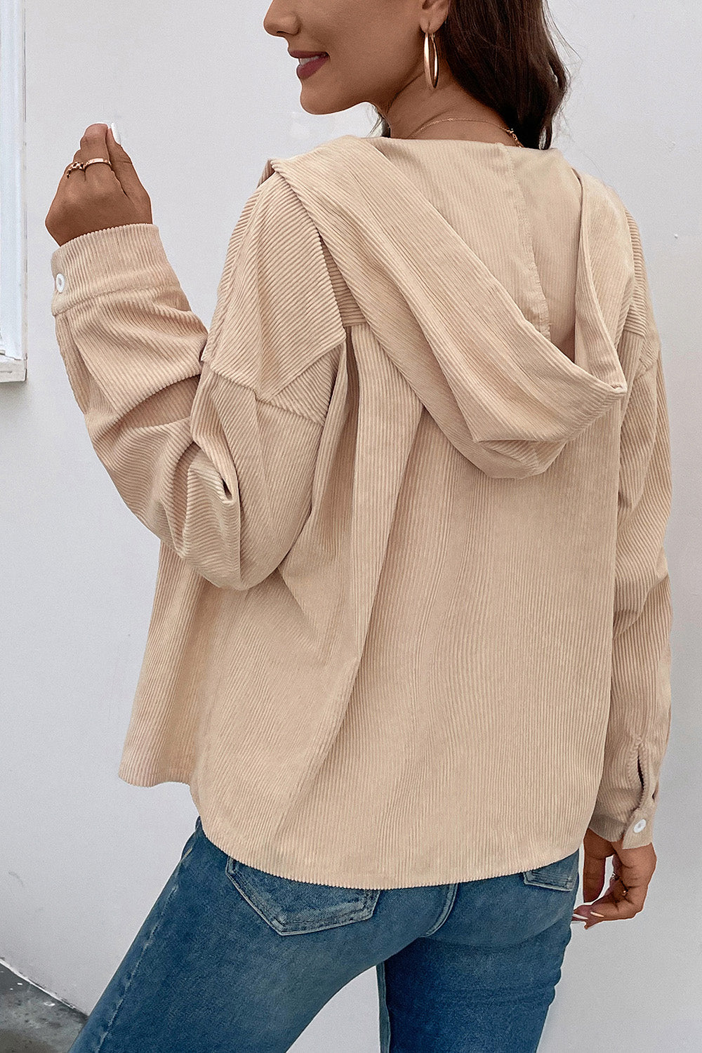 Perfee Ribbed Button Up Drawstring Hooded Jacket-Angel Casuals