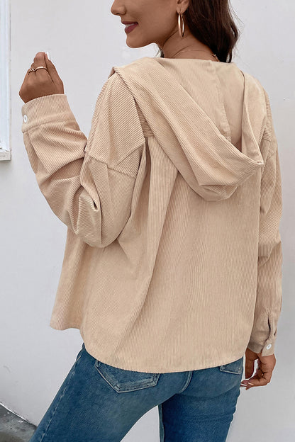 Perfee Ribbed Button Up Drawstring Hooded Jacket-Angel Casuals