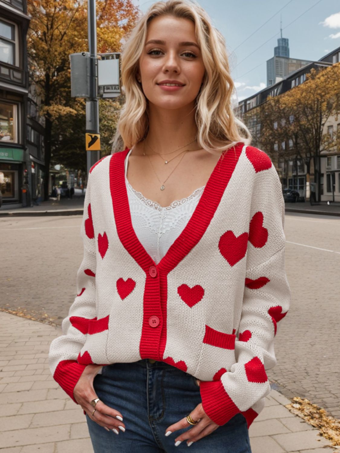 Heart Button Up Dropped Shoulder Long Sleeve Cardigan-Angel Casuals