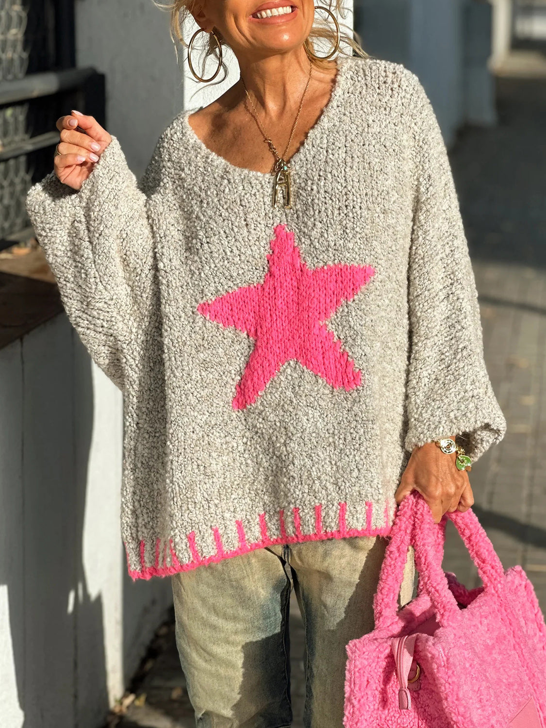 Star V-Neck Long Sleeve Oversize Sweater-Angel Casuals