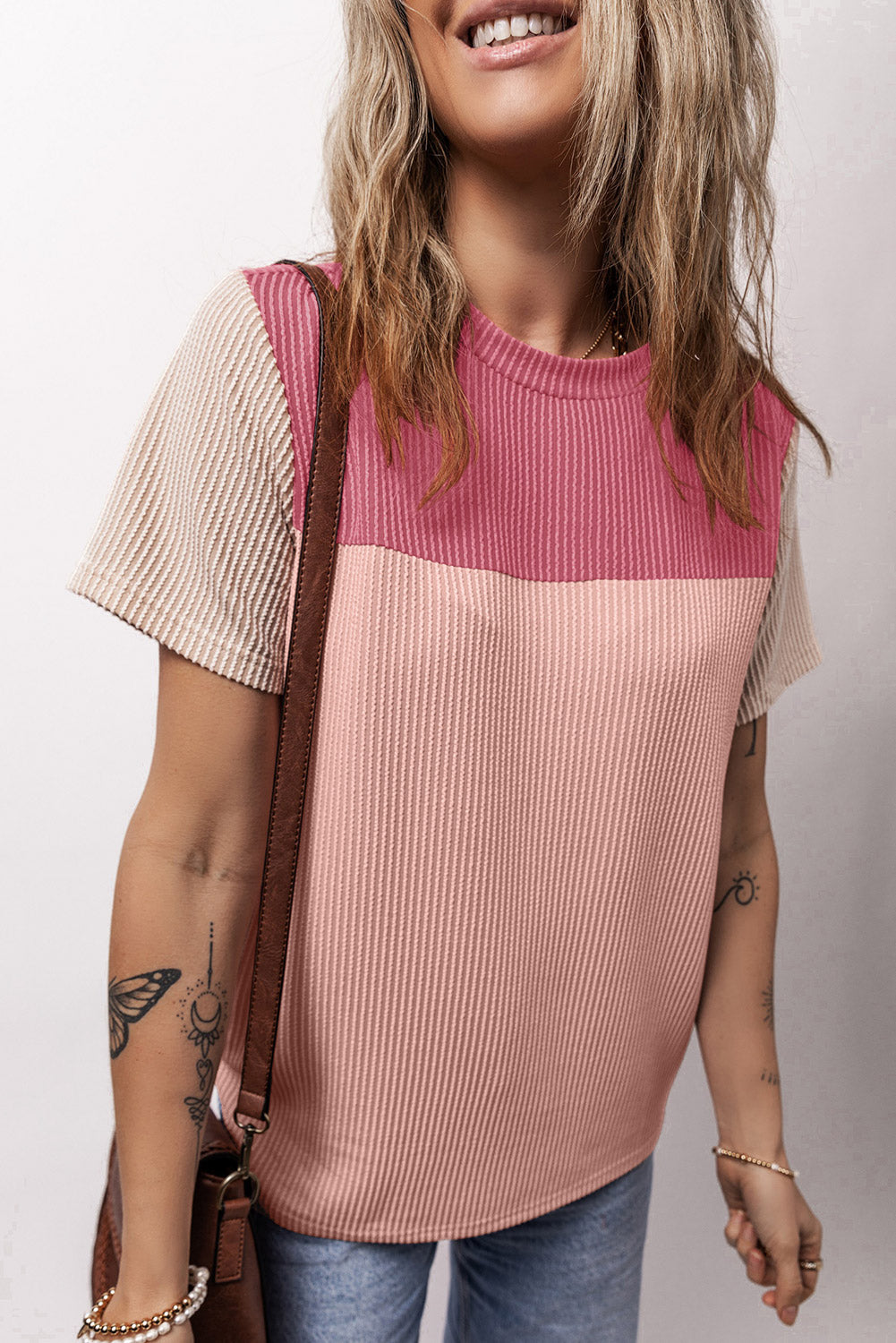 Color Block Round Neck Short Sleeve T-Shirt-Angel Casuals