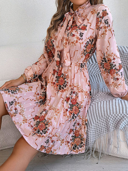 Pleated Printed Tie Neck Long Sleeve Dress-Angel Casuals