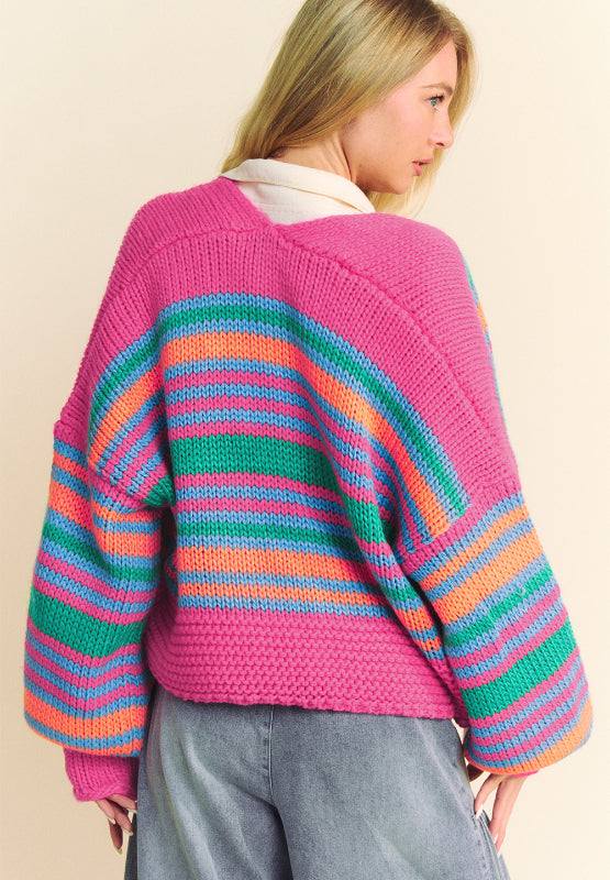 Contrast Striped Open Front Long Sleeve Cardigan-Angel Casuals