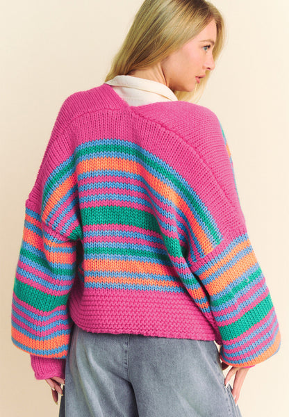 Contrast Striped Open Front Long Sleeve Cardigan-Angel Casuals