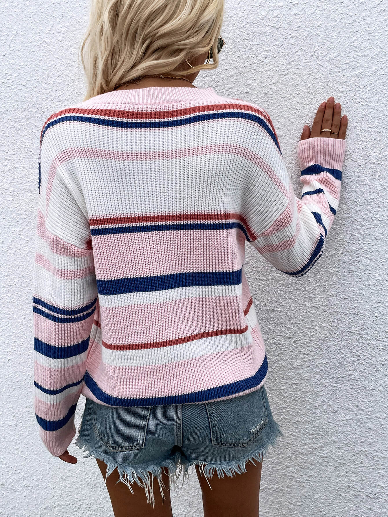 Striped Drop Shoulder Round Neck Pullover Sweater-Angel Casuals