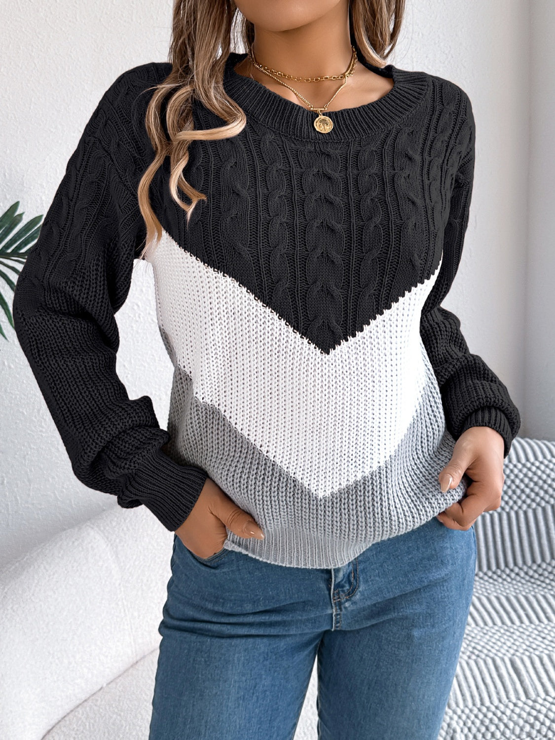 Cable-Knit Color Block Round Neck Sweater-Angel Casuals